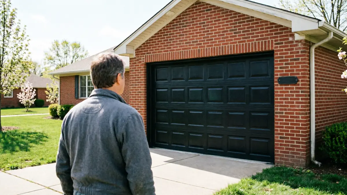A man stands facing a black paneled garage door on a brick house.