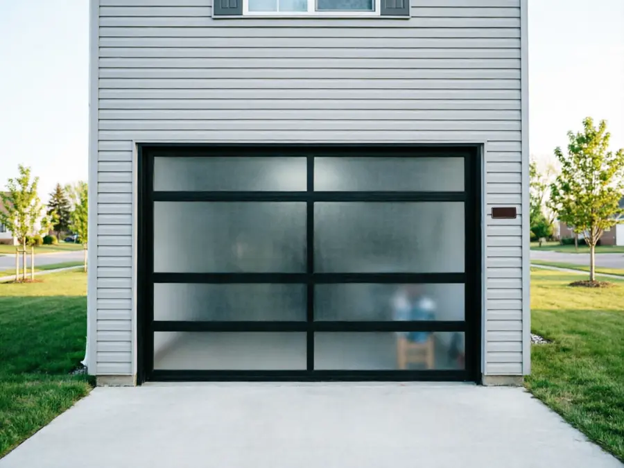 The house has a modern black garage door with frosted glass panels.