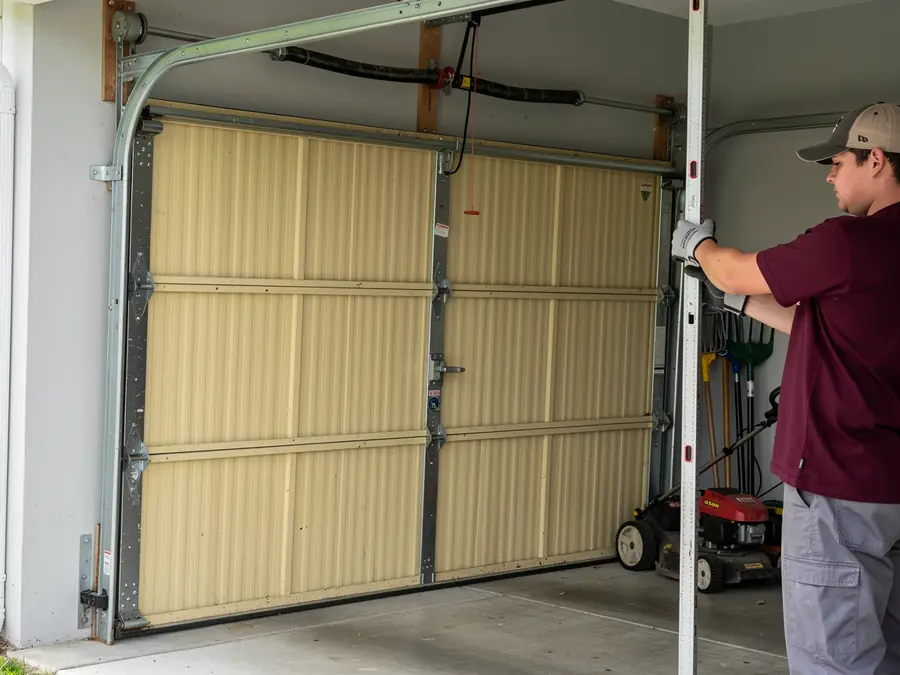 A technician holds a level next to a beige garage door with a torsion spring.