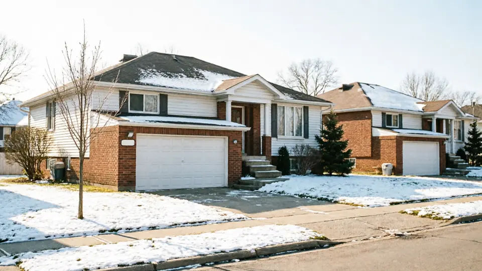 Two houses with white garage doors and snow on the ground.
