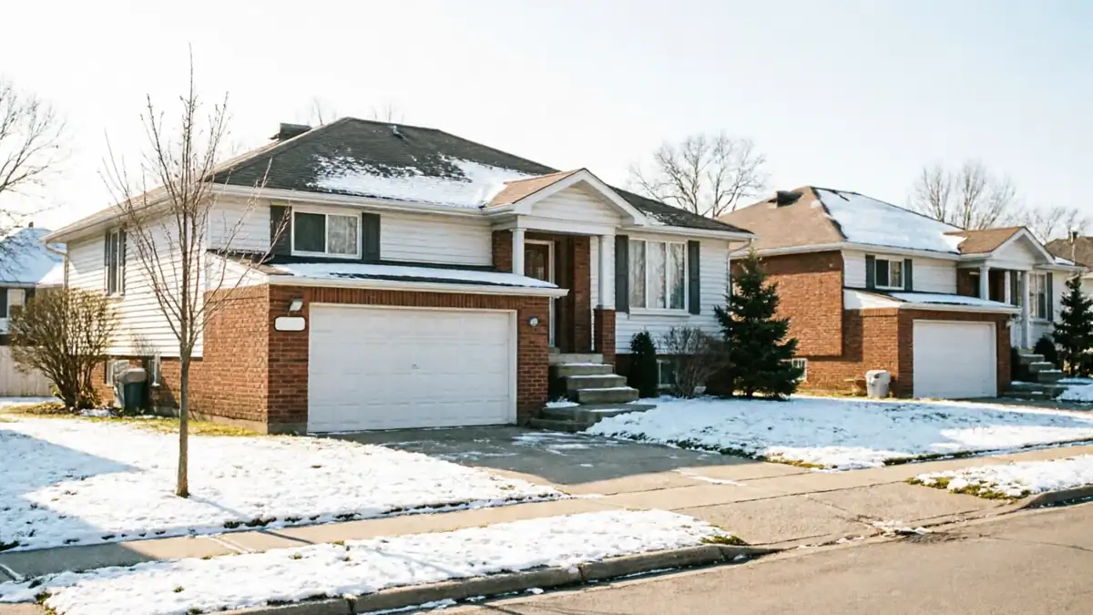 Two houses with white garage doors and snow on the ground.