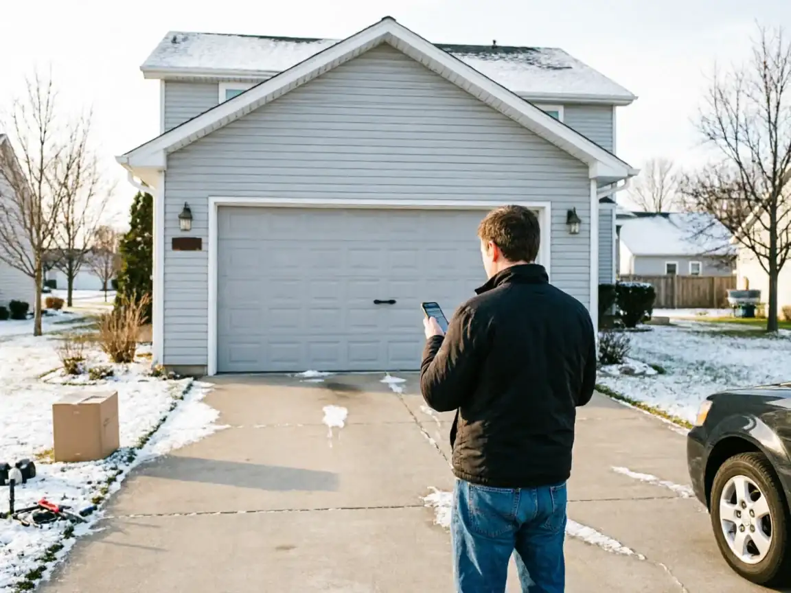 A man stands in a snowy driveway, looking at his phone in front of a garage.