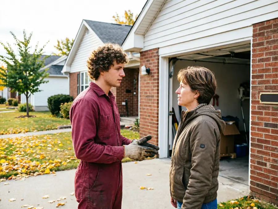 A technician in a red jumpsuit talks to a woman in a brown jacket.