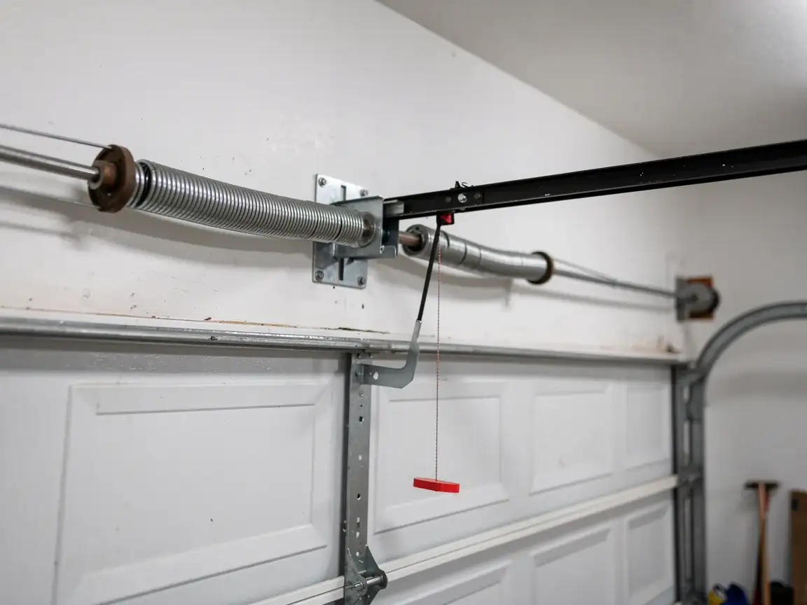 A garage door torsion spring is mounted above a white garage door.