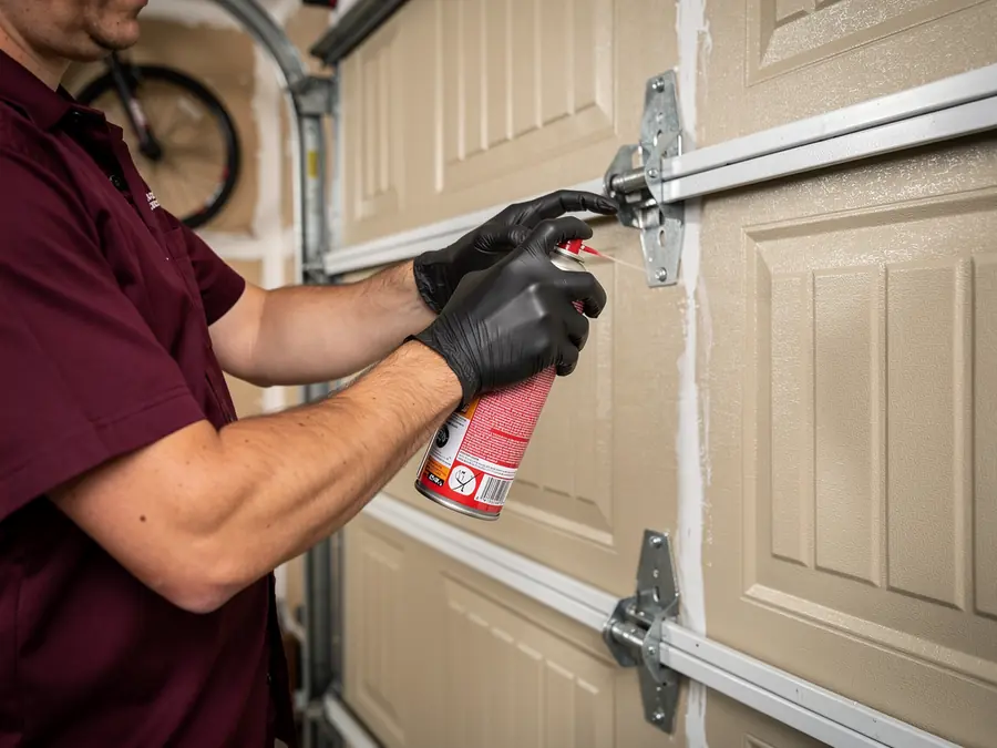 A technician in black gloves sprays lubricant on a garage door hinge.