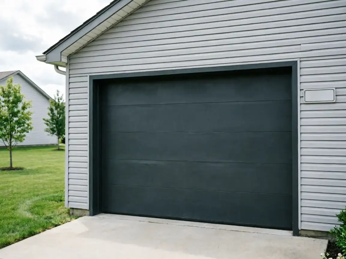 A dark gray garage door is closed on a light gray house.