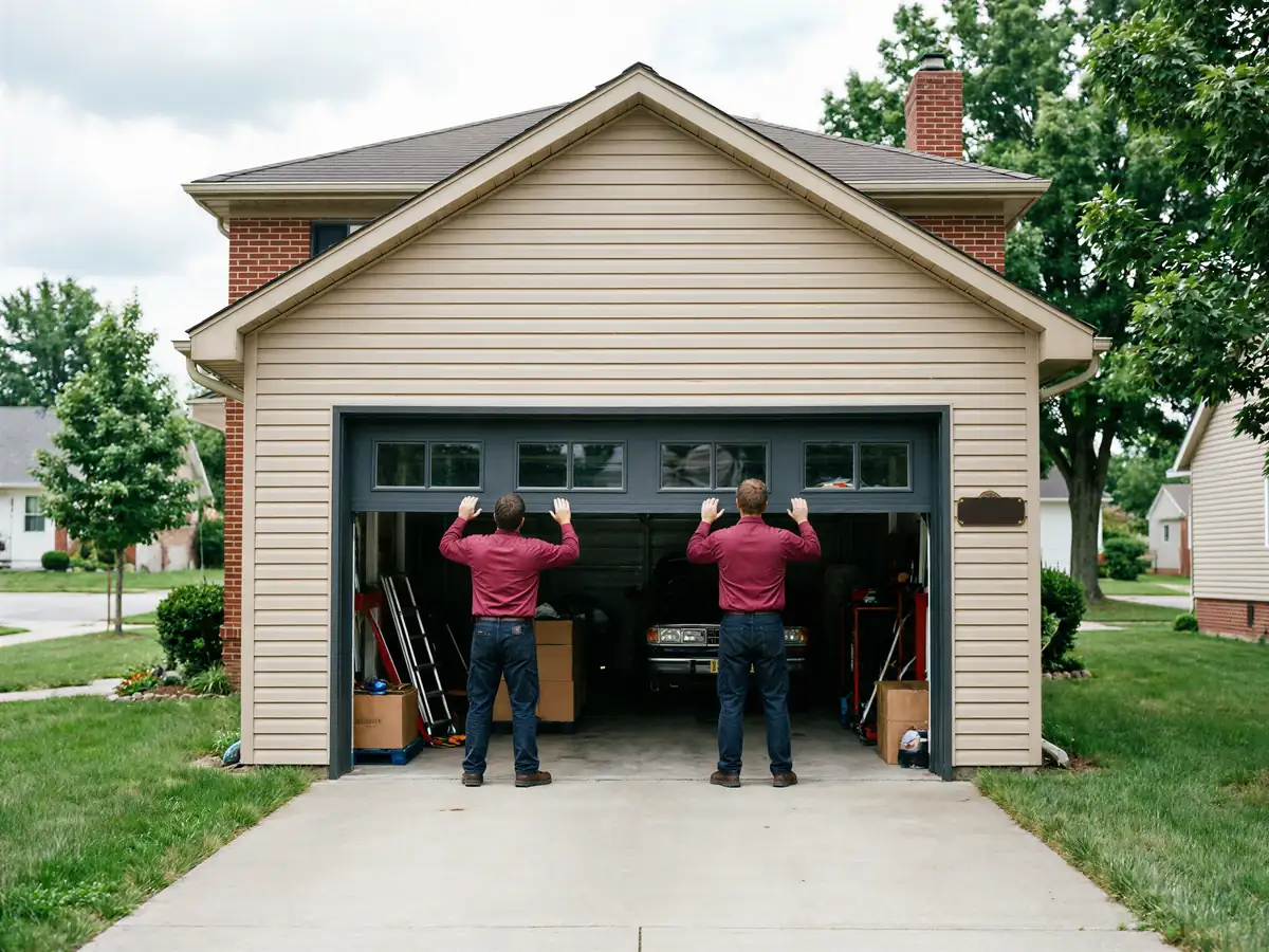 A technician in a red shirt is working on a dark gray garage door.