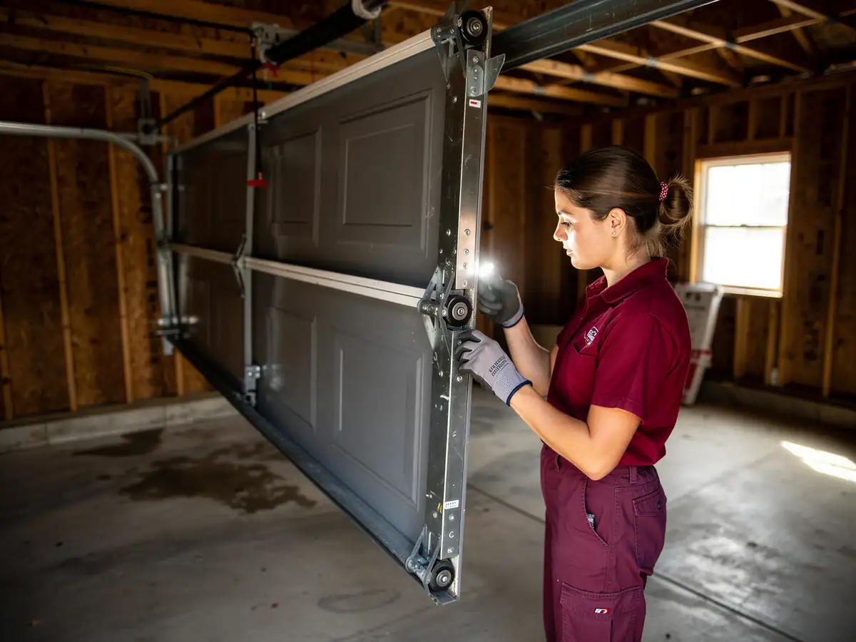 A technician in a red shirt and gloves inspects a gray garage door.
