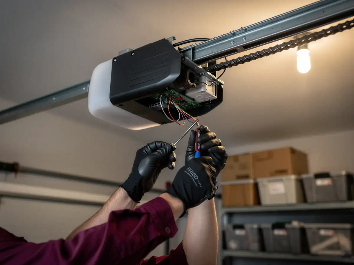 A technician in black gloves works on the wiring of a garage door opener.