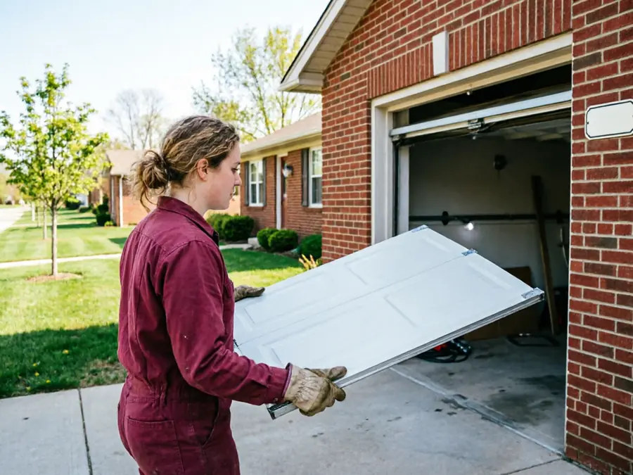 A technician in a red jumpsuit carries a white garage door panel.