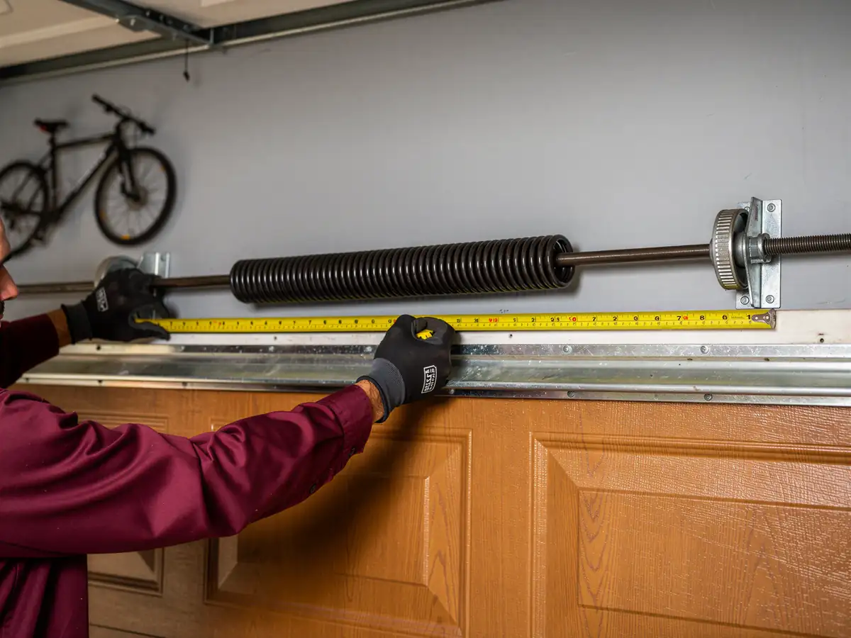 A technician measures a torsion spring above a brown garage door.